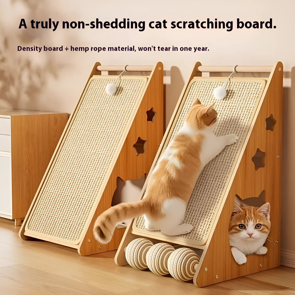 Vertical cat scratch board with sisal surface and hemp rope wrapping, cat teasing ball style design