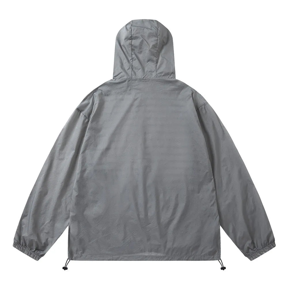 Men's gray nylon sun protection jacket with English letter print, front view, leisure outdoor wear