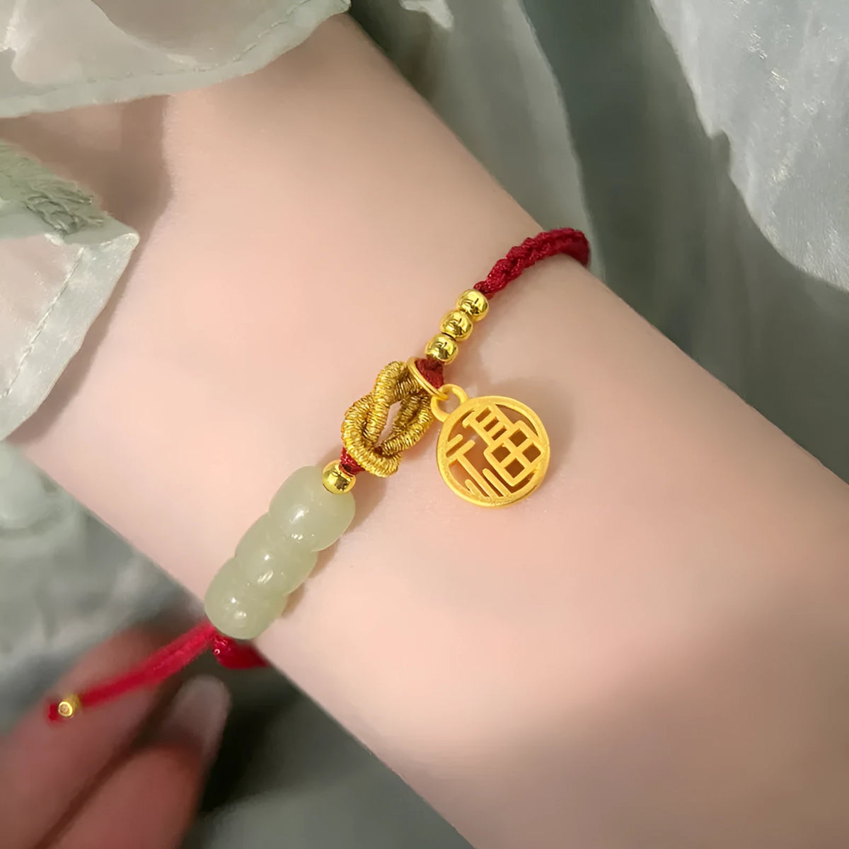 Red rope woven bracelet with copper-plated gold blessing card strap and Chinese character modelling for women.