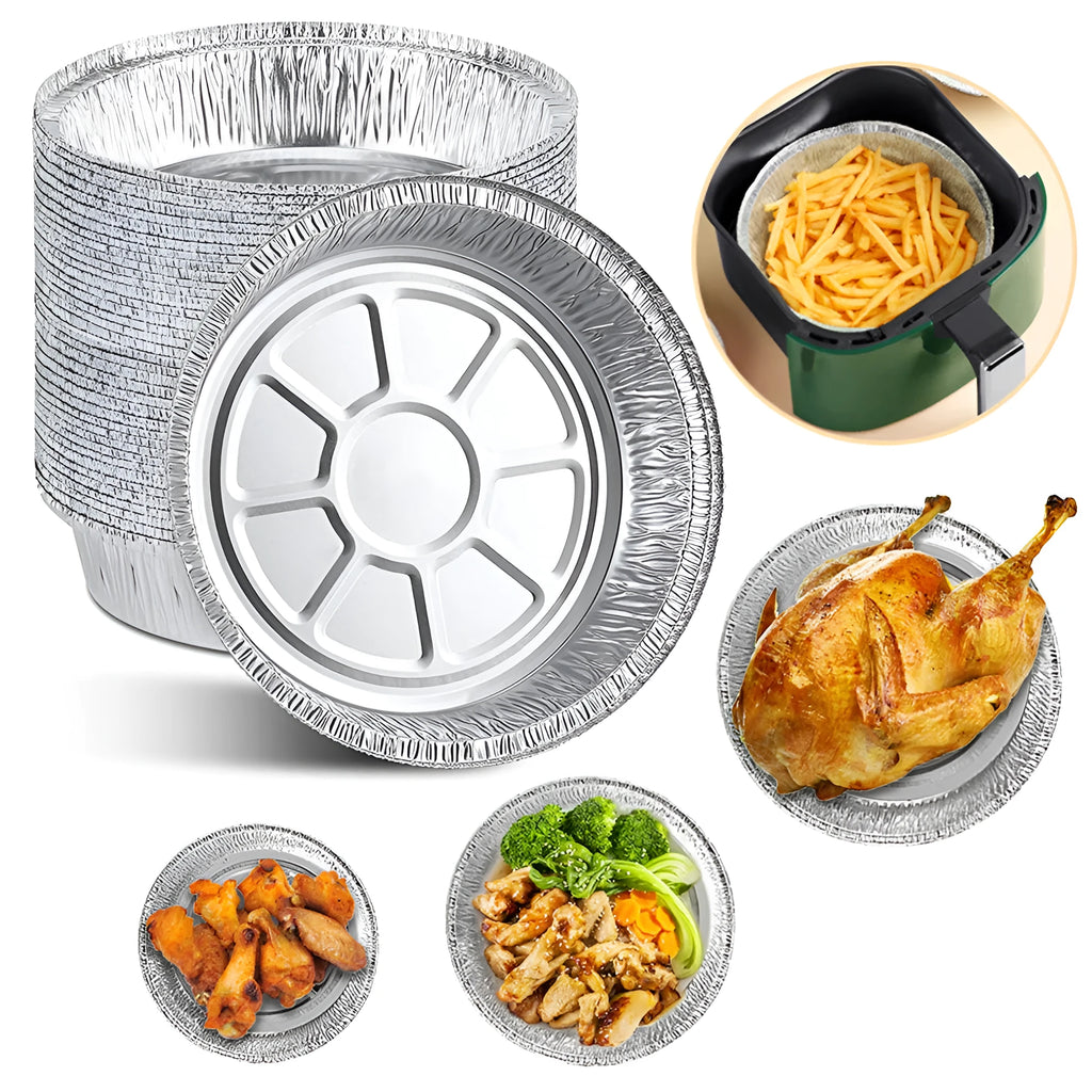 Round aluminium foil air fryer liner with 4 cm deep edge, non-stick and oil-proof, available in 14.5 cm to 23 cm diameters