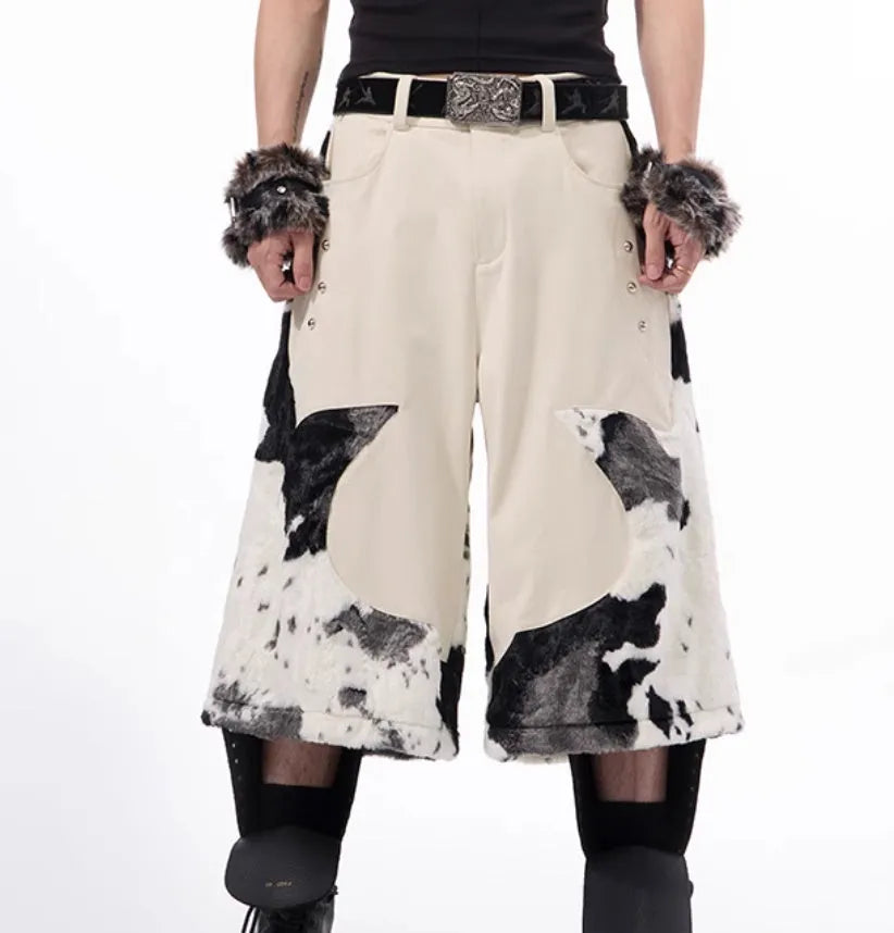 Women's milk fibre cropped trousers with stitched fur detail in a printed pattern colour.