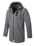Men's mid-length hooded shell jacket in grey polyester fibre with long sleeves and windproof design
