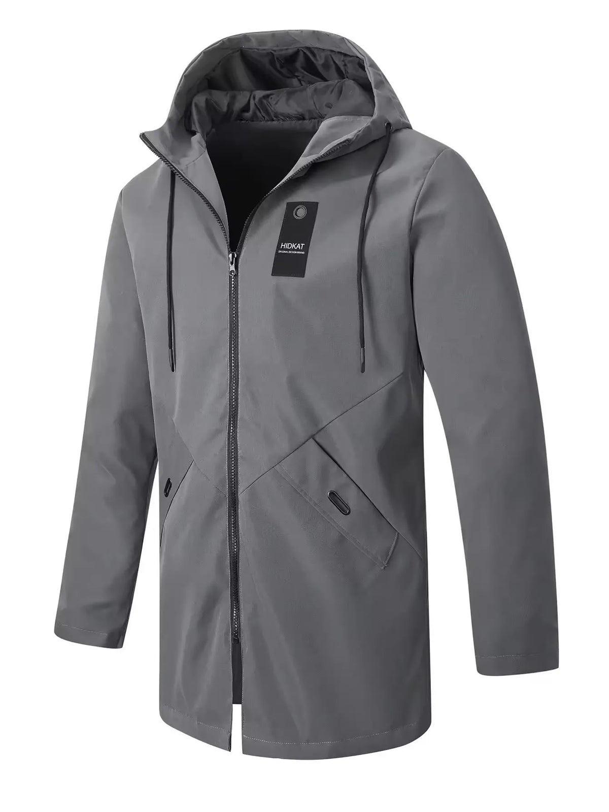 Men's mid-length hooded shell jacket in grey polyester fibre with long sleeves and windproof design