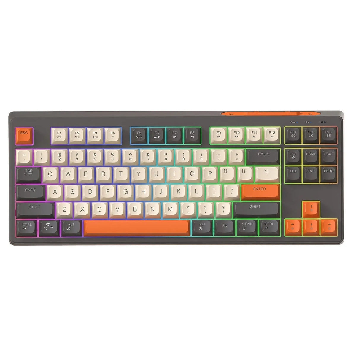 Free Wolf M87 wireless Bluetooth keyboard in blueberry colour on a wooden desk