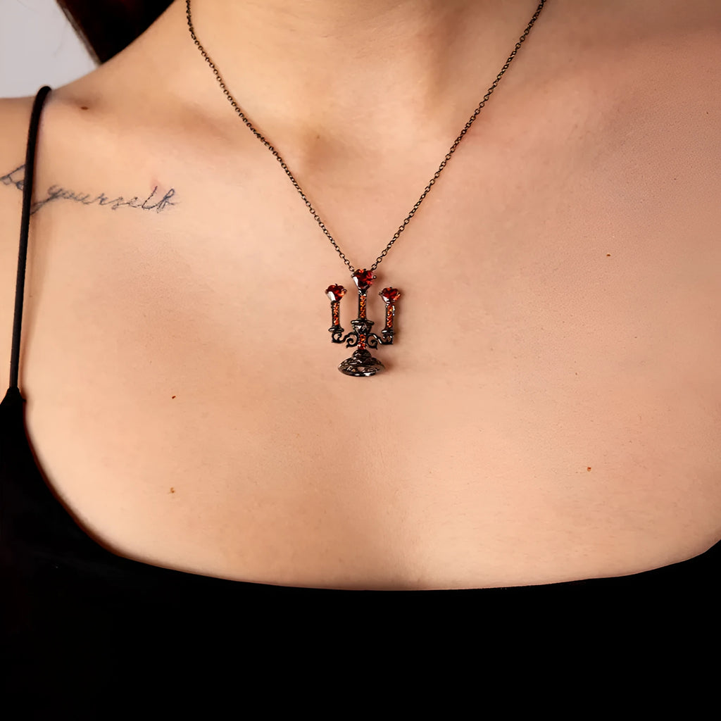 Gothic pendant necklace with hollow candlestick design and cross chain in retro colour