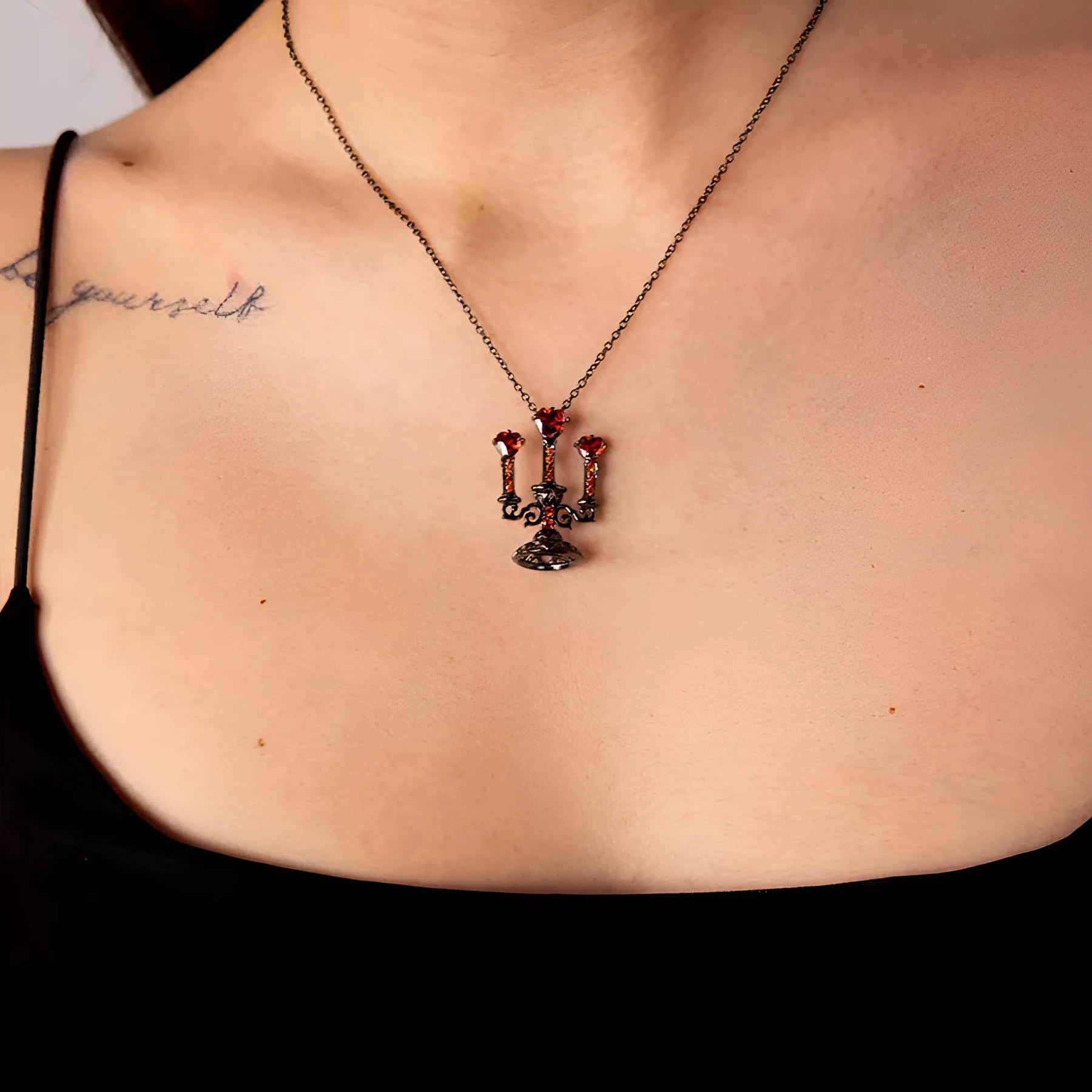 Gothic pendant necklace with hollow candlestick design and cross chain in retro colour