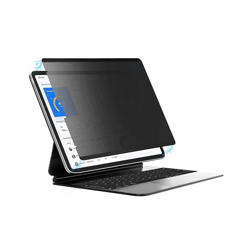 Magnetic iPad privacy screen protector and storage clip on a table