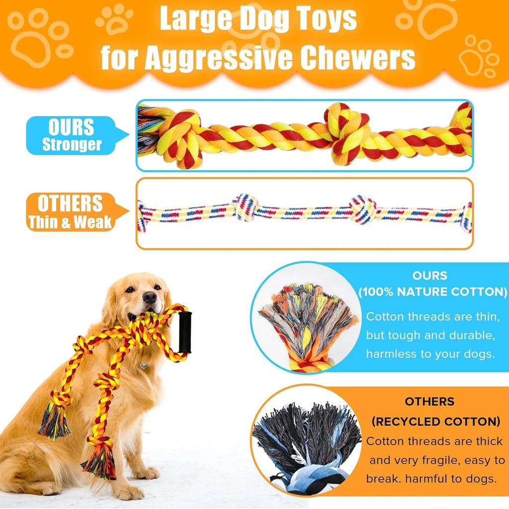 Large blue cotton dog rope toy with ergonomic handles for tug-of-war games