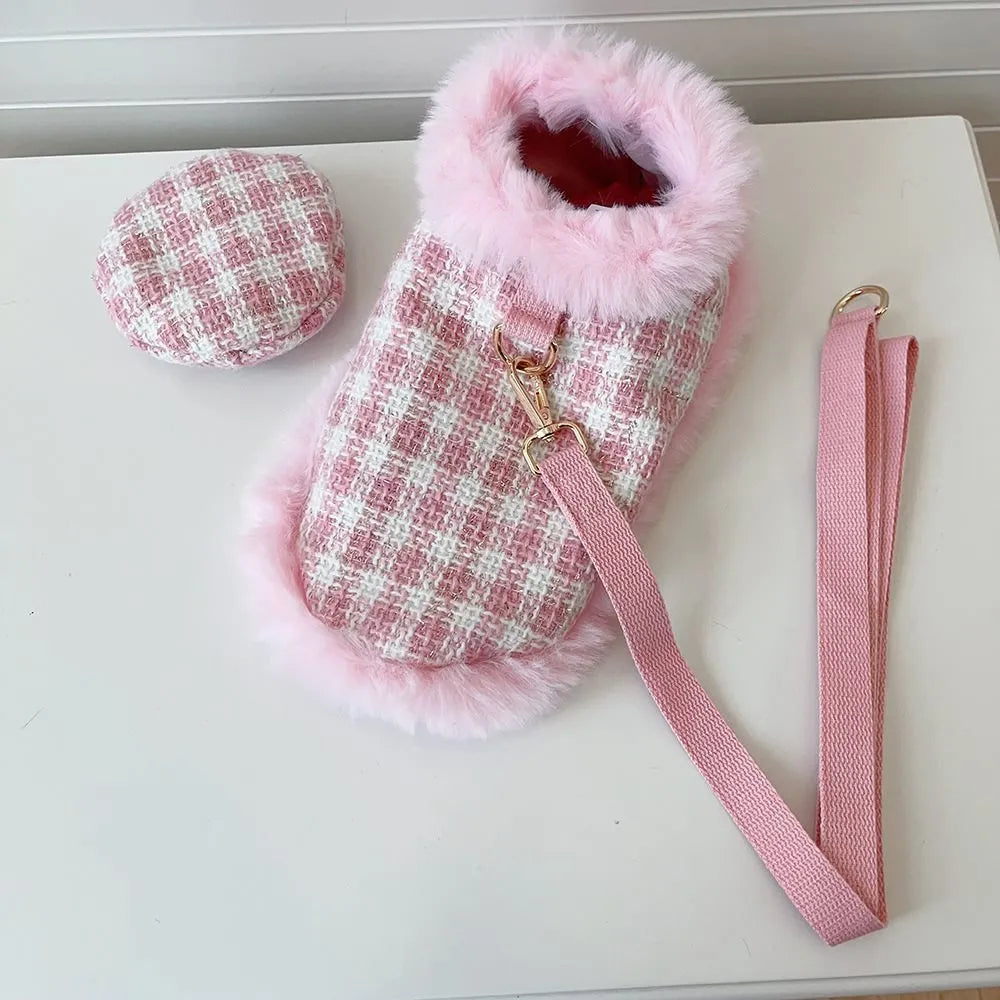 Pink cat costume set with cloak, beret and hand-holding rope