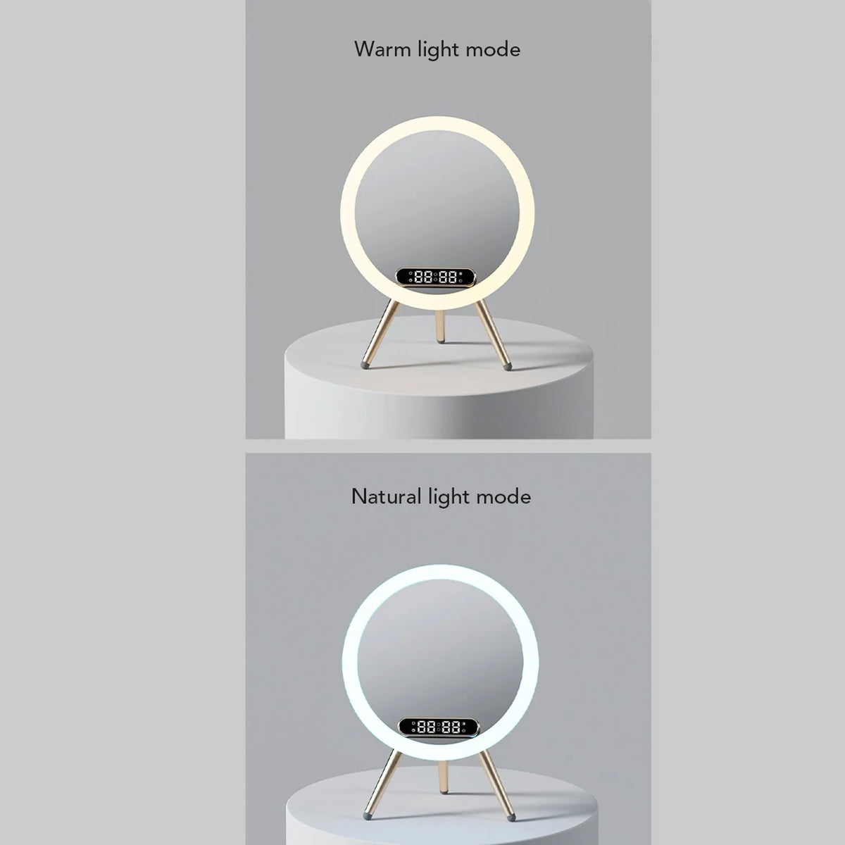 Multi-function LED mirror alarm clock with wireless charger and Bluetooth speaker in white or blue, 210 x 60 x 160mm