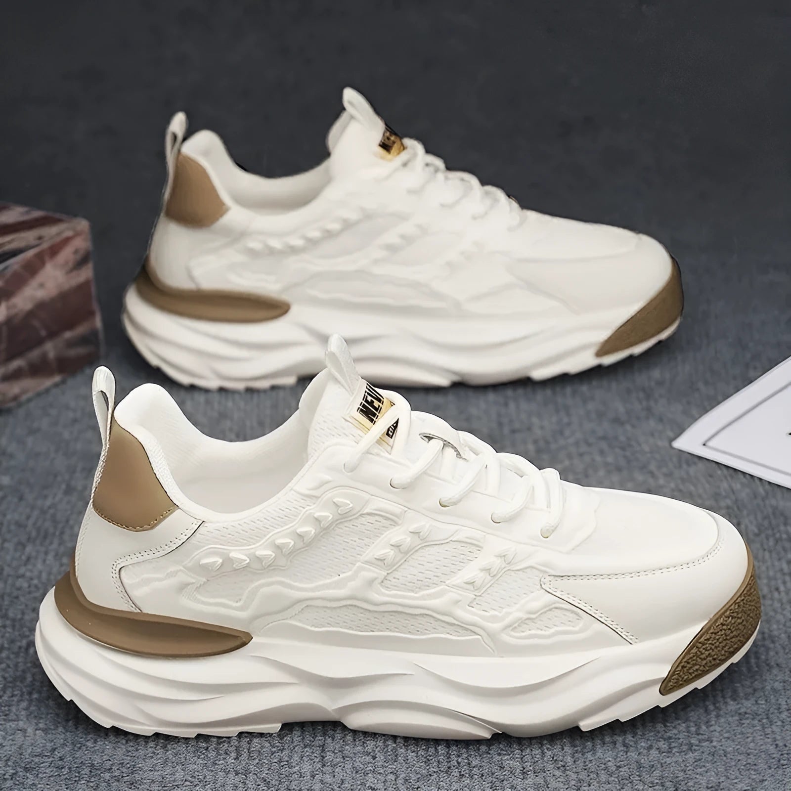 Men's solid colour breathable mesh shoes in white, shown from a side angle.
