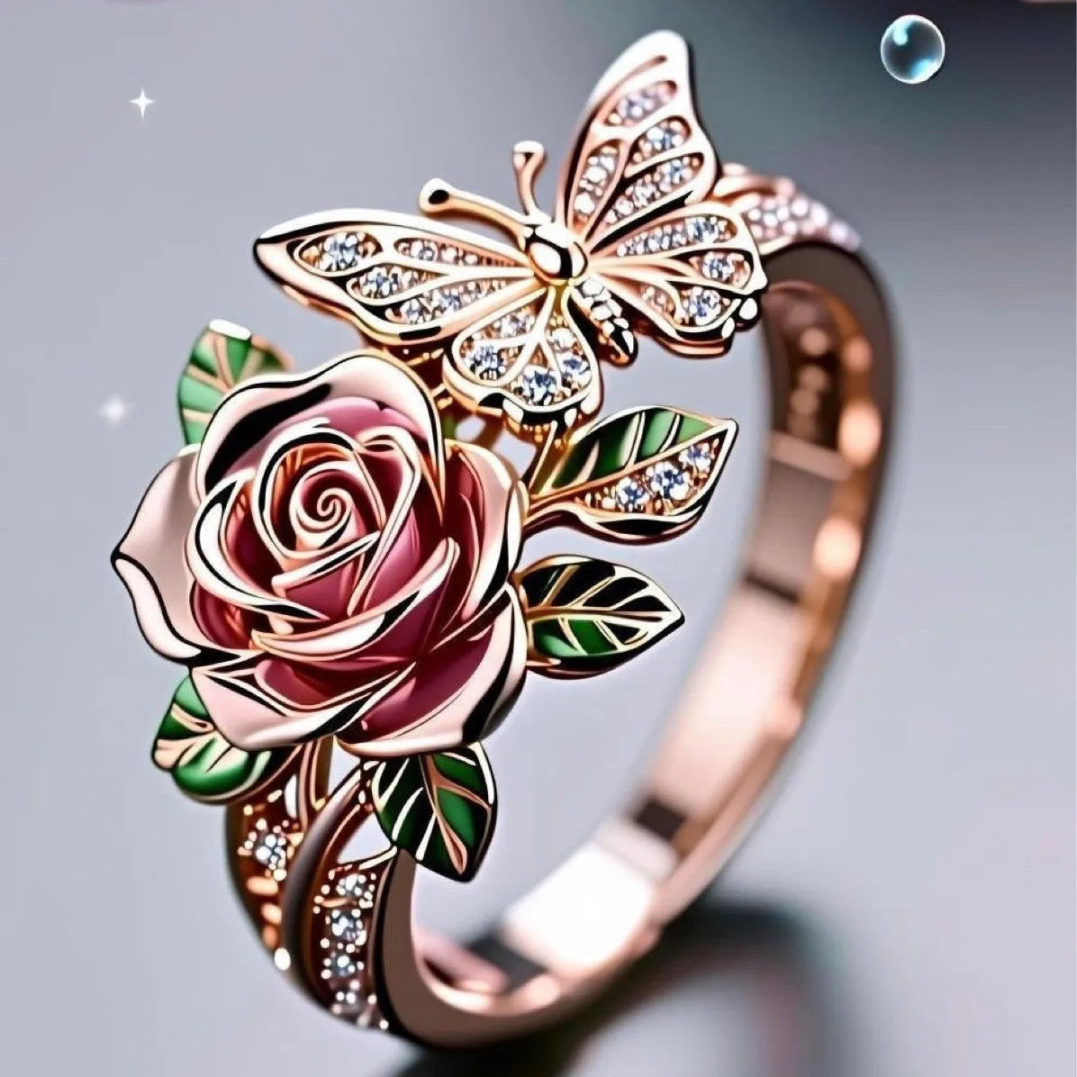 Adjustable butterfly ring with colourful oil drip design featuring floral and insect motifs