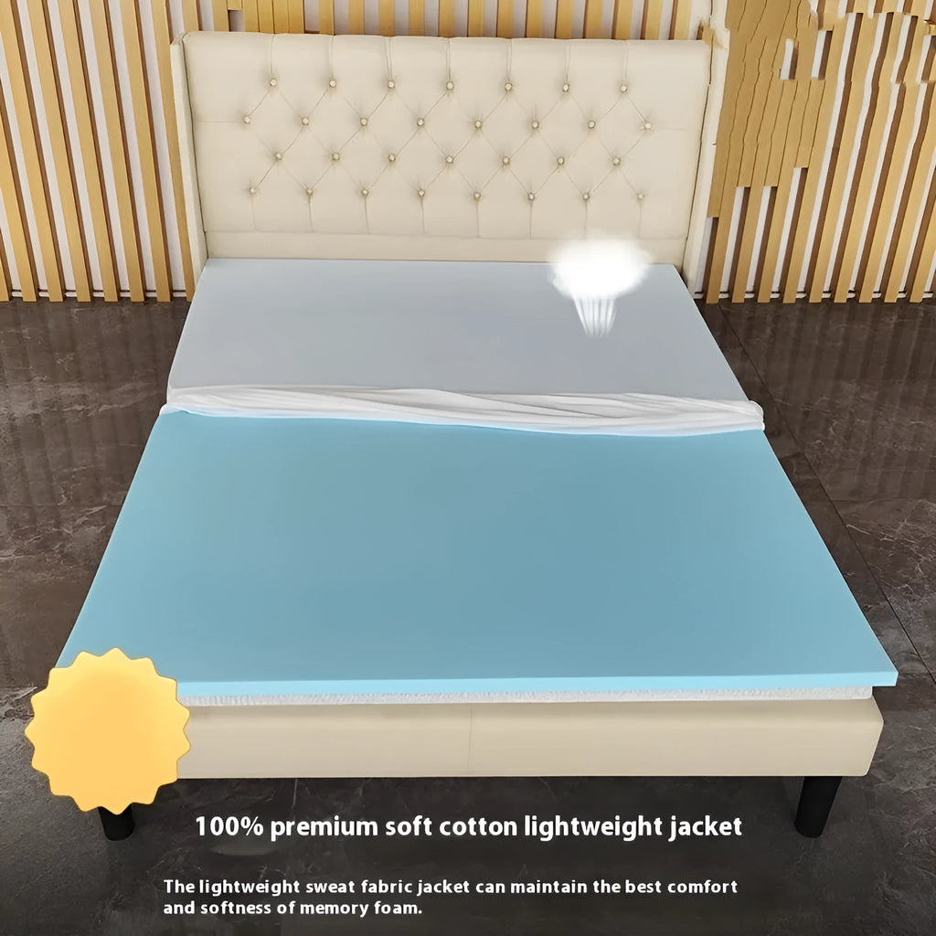 Thin gel memory foam mattress topper showing three thickness options on a tatami mat