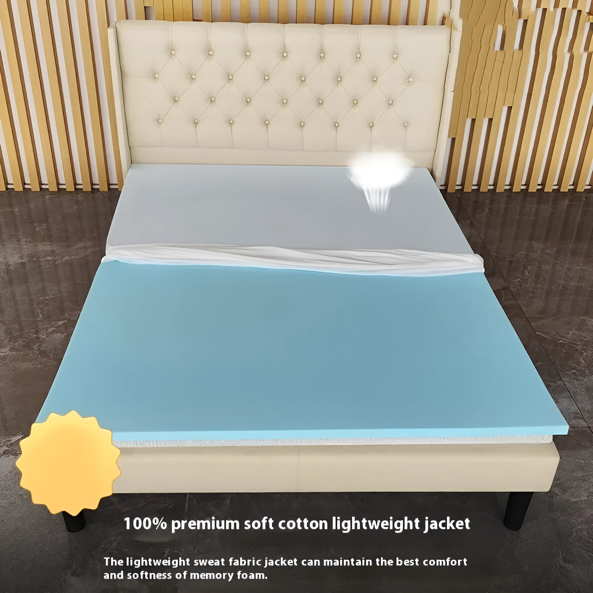 Thin gel memory foam mattress topper showing three thickness options on a tatami mat