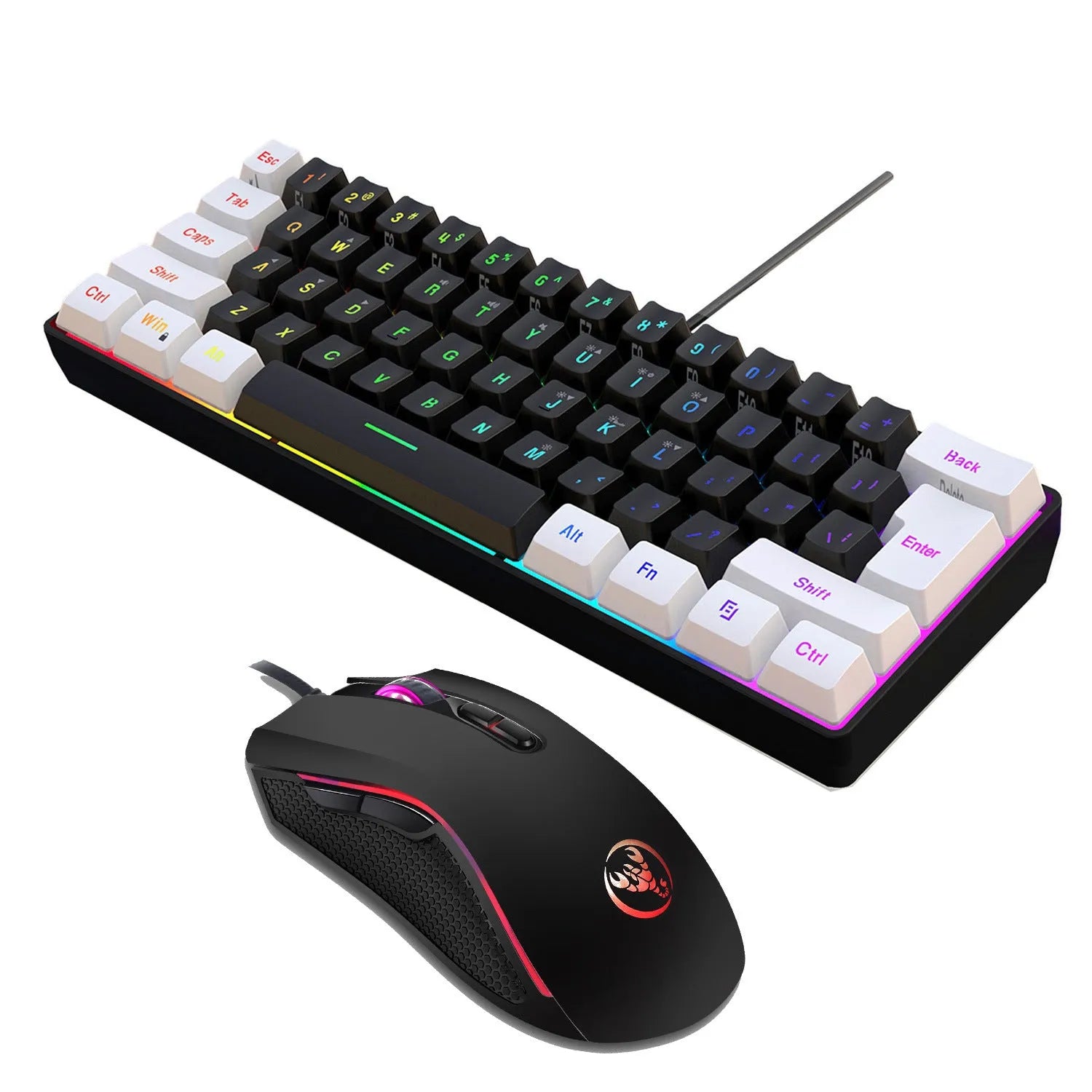 White and black V700WB A869 gaming keyboard and mouse combo with colour backlighting on a desk.