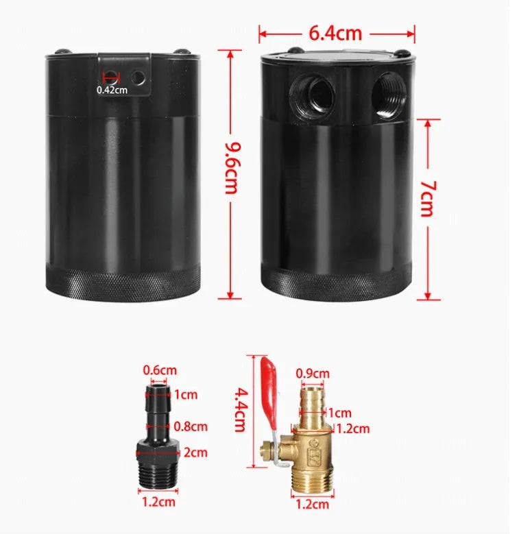 Black aluminium automotive oil pot with oil-free valve and two connector fittings