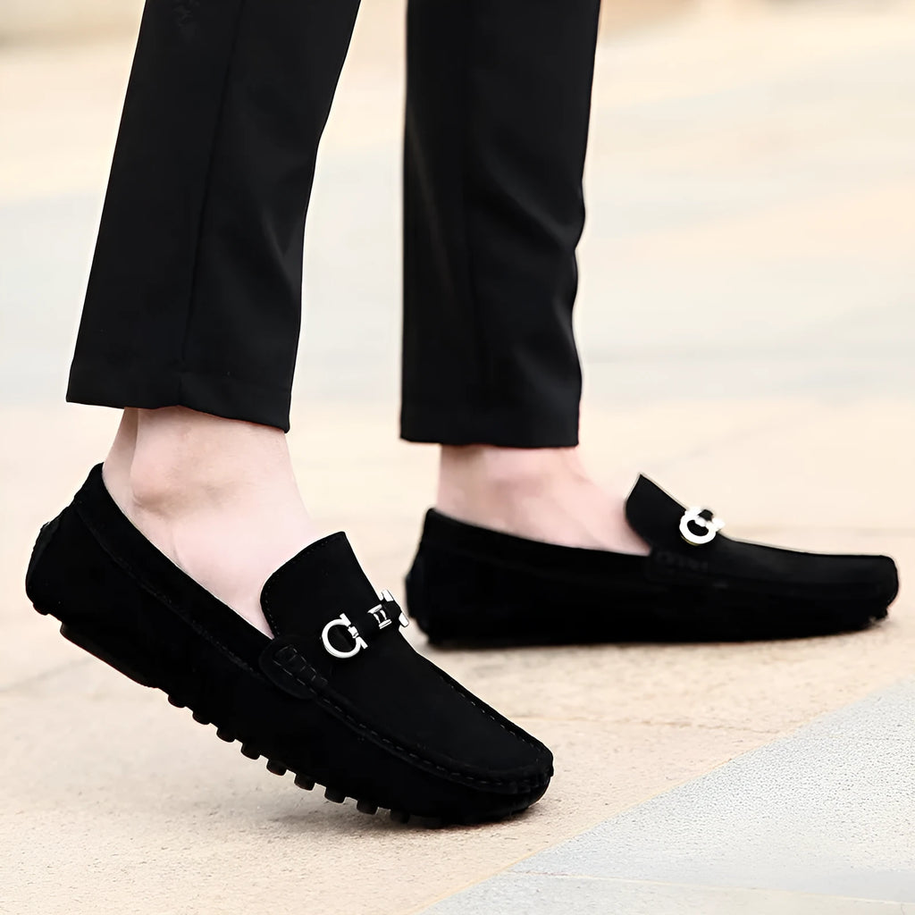 Men's Korean style square toe slip-on shoes in matte cowhide leather available in black, blue and grey colours