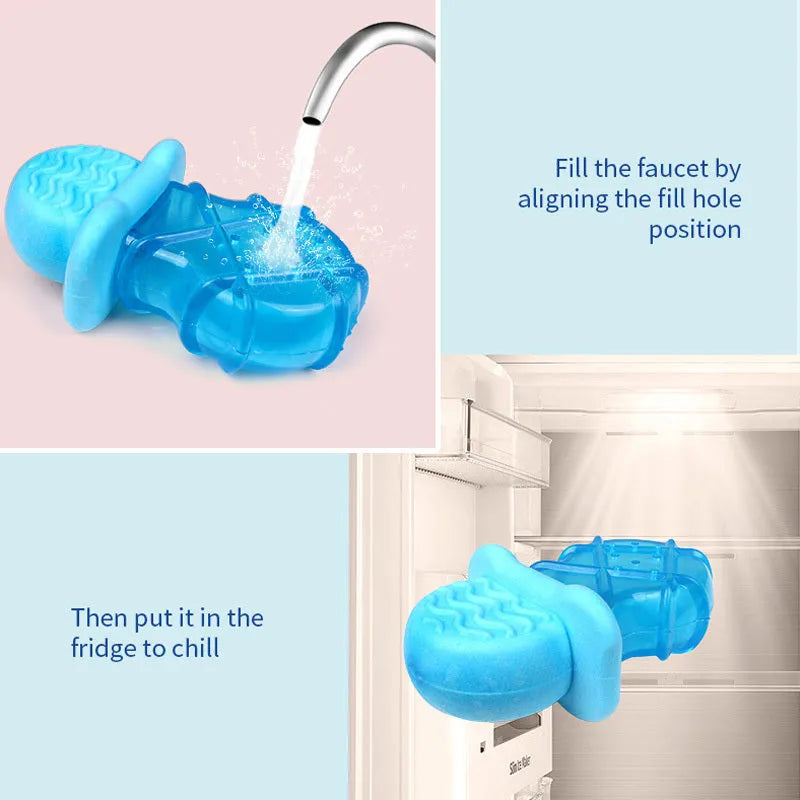 Set of three BPA-free silicone dog toys: a blue pacifier, a red popsicle, and a green ring, designed to be filled with water and frozen.