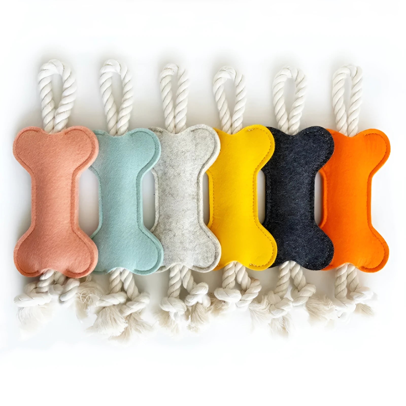 Bone-shaped dog chew toy with a rope knot interior and a soft felt exterior, shown in blue colour.