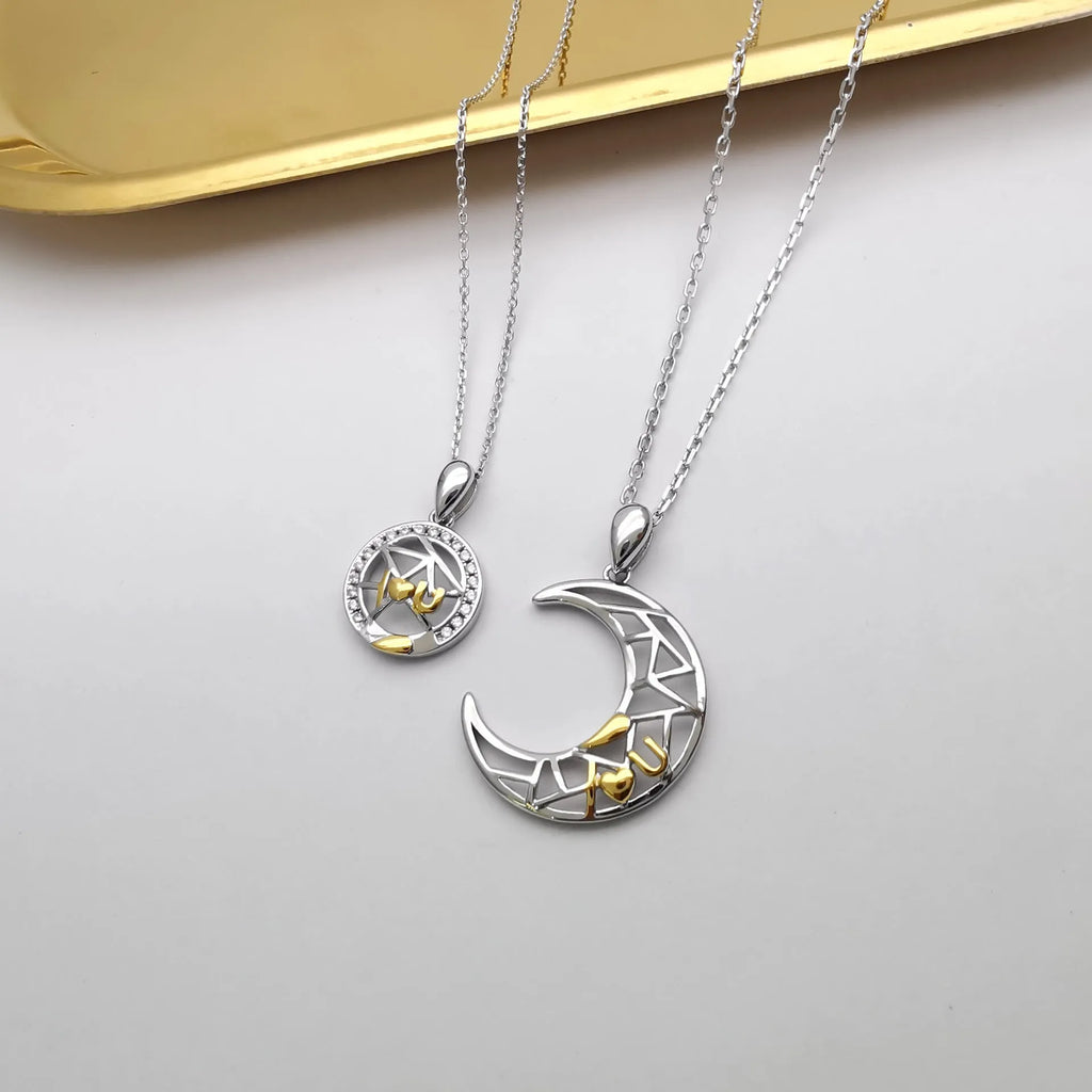 Sun Moon Tooth Couple Necklace with electroplated copper pendant and cross chain