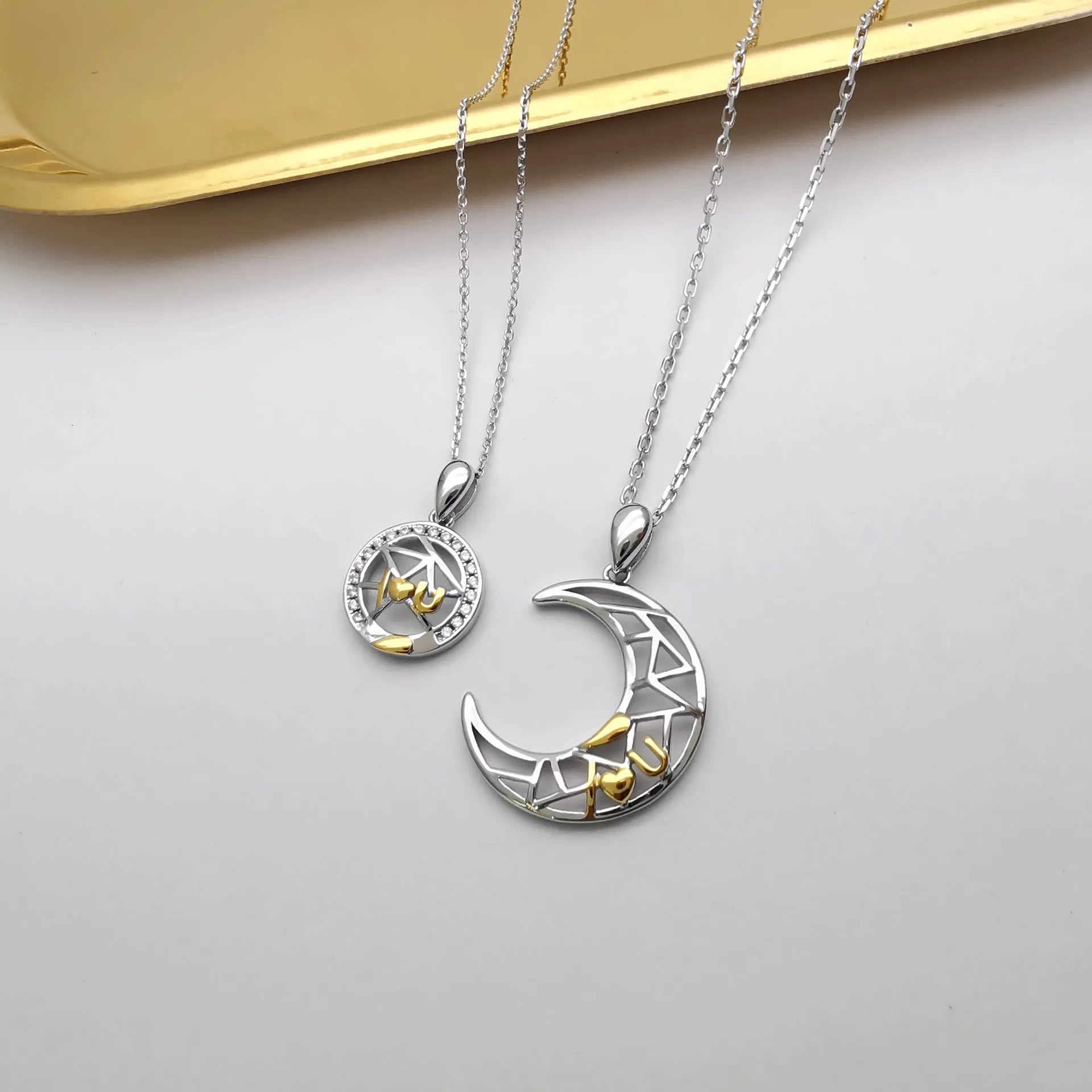 Sun Moon Tooth Couple Necklace with electroplated copper pendant and cross chain