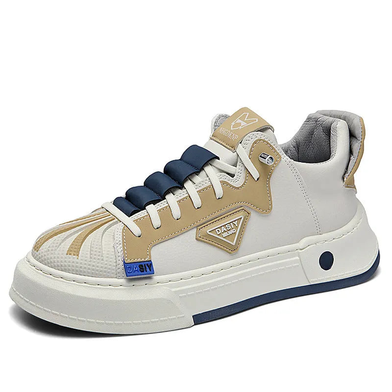 Men's beige low-top sneakers with elastic band fastening and round toe