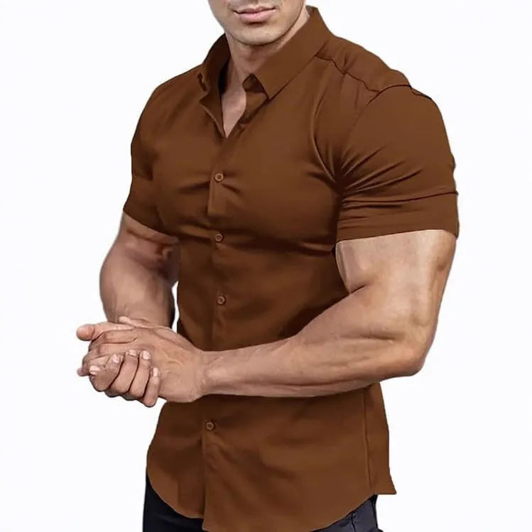 Men's short sleeve casual printed collar shirt in brown, available in sizes S to 5XL.