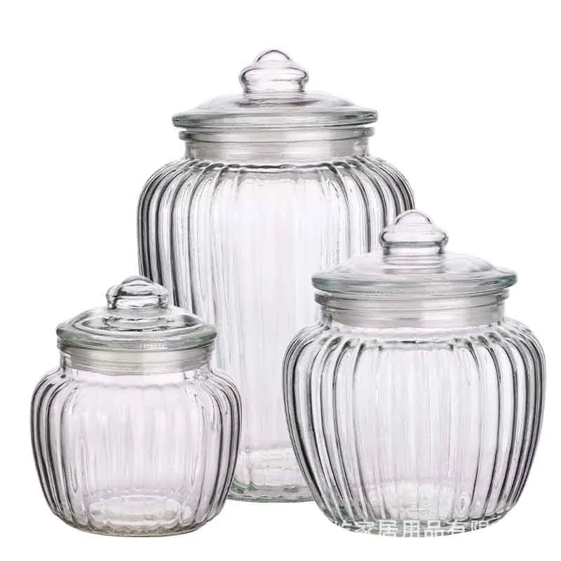 Thickened lead-free glass sealed can with lid and PP seal ring, vertical pattern, 650ml 1300ml 2200ml