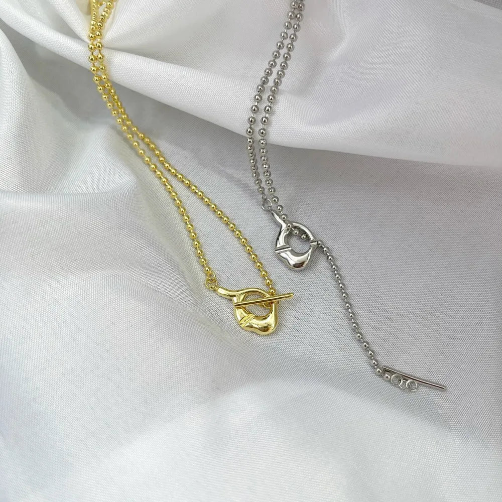 925 silver round beads clavicle chain necklace with geometric pendant electroplated finish for women