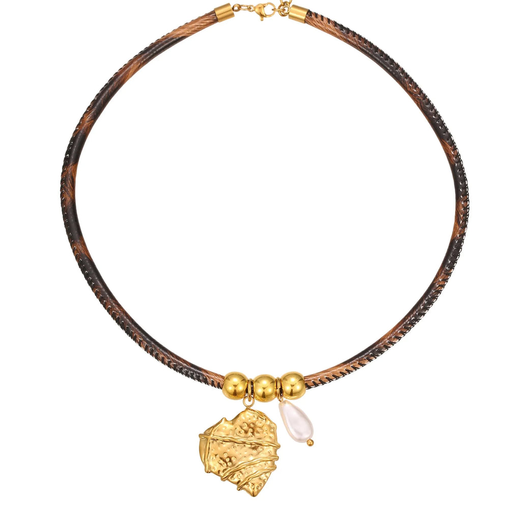 Women's stainless steel necklace with geometric leopard leather pendant on adjustable chain