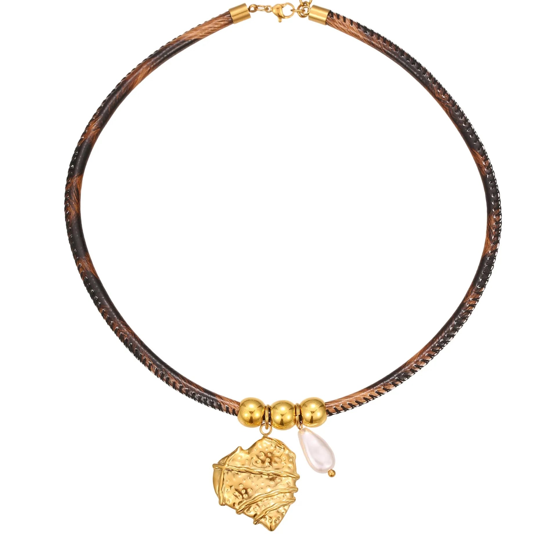 Women's stainless steel necklace with geometric leopard leather pendant on adjustable chain