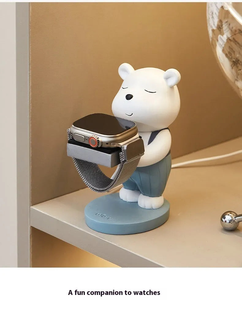 Cartoon baby bear resin watch charger bracket with square support base for bedside table or desk