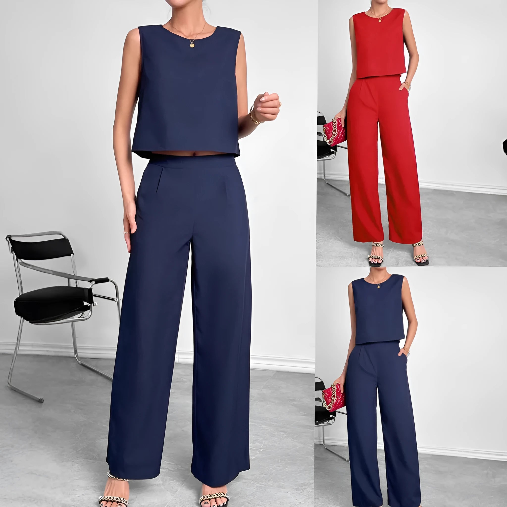 Red women's sleeveless top and wide leg pants two-piece co-ord set on a hanger.