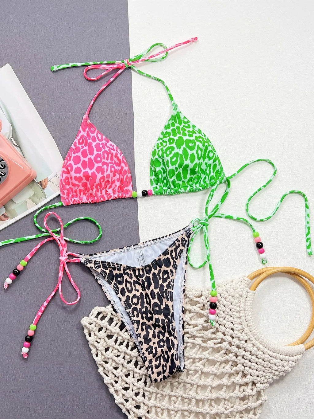 Women's leopard print bikini swimsuit with split cup bra and briefs style panties