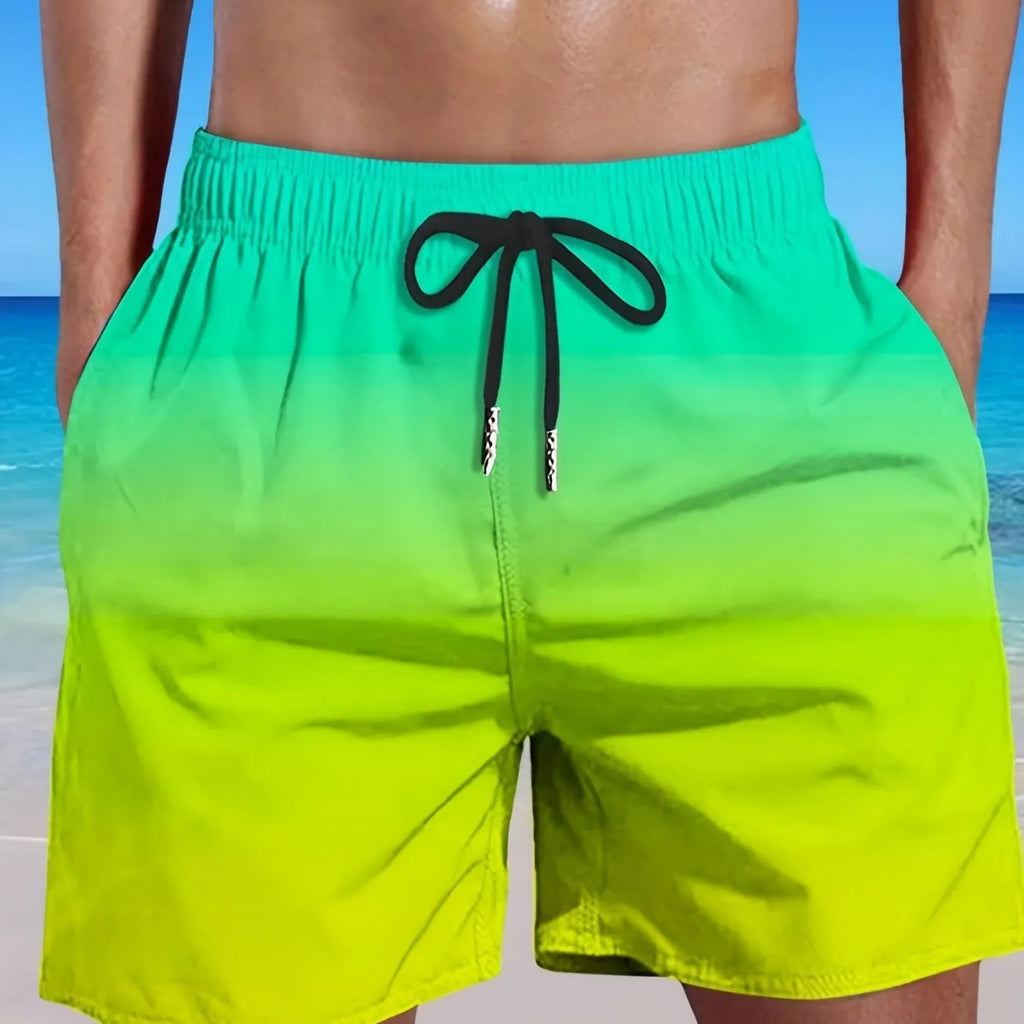 Men's gradient colour 3D digitally printed mesh sports shorts showing micro-elasticity fabric