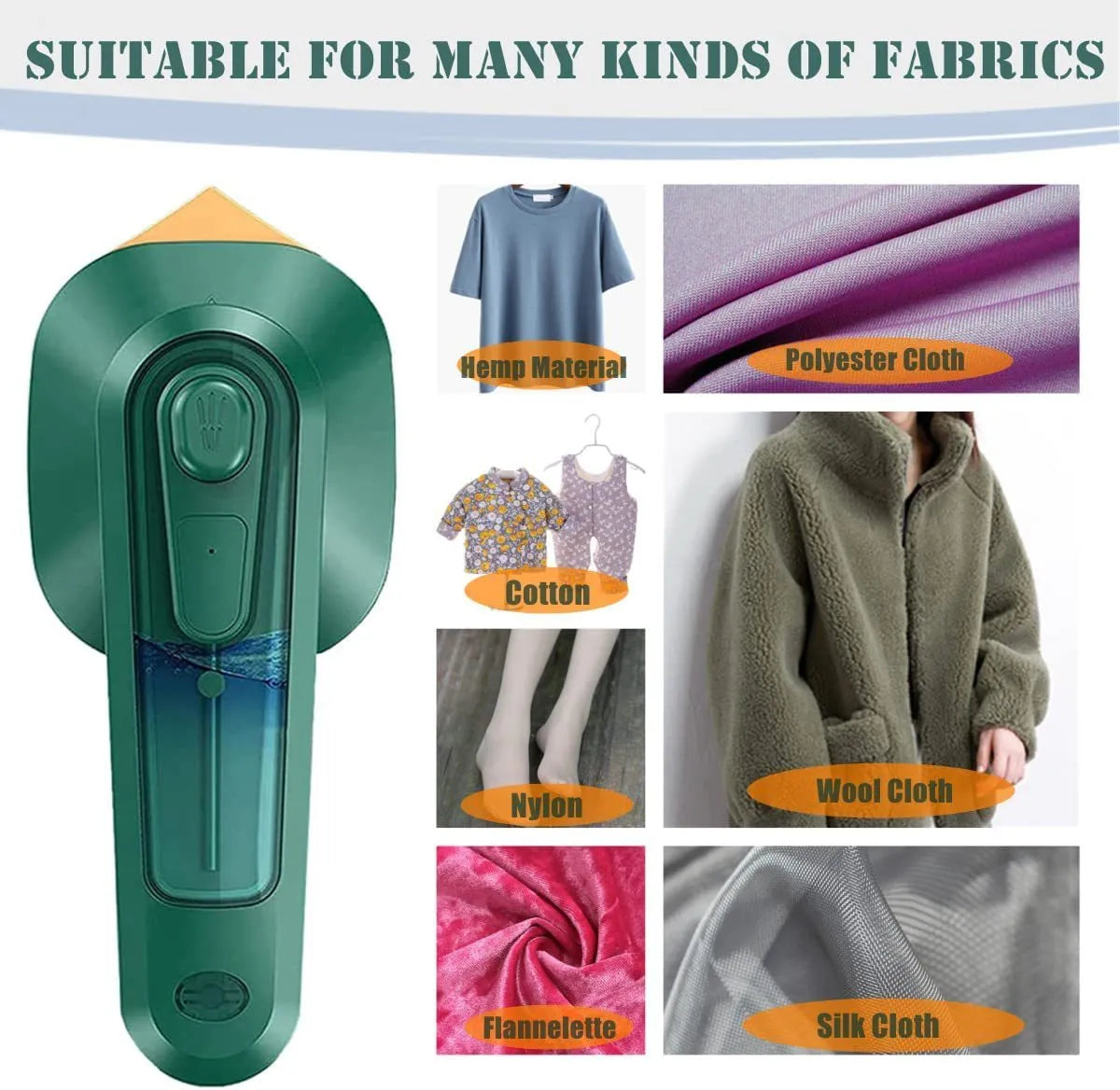 Dark green handheld garment ironing machine with titanium panel and mini steam design for travel and home use.