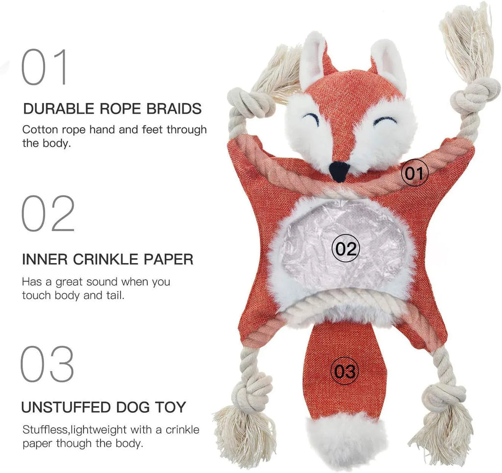Brown plush fox dog toy with cotton rope limbs and embroidered eyes on a white background.