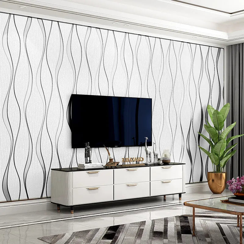 Curve stripe pattern 3D decorative wallpaper roll with velvet texture in light grey and dark brown colours.