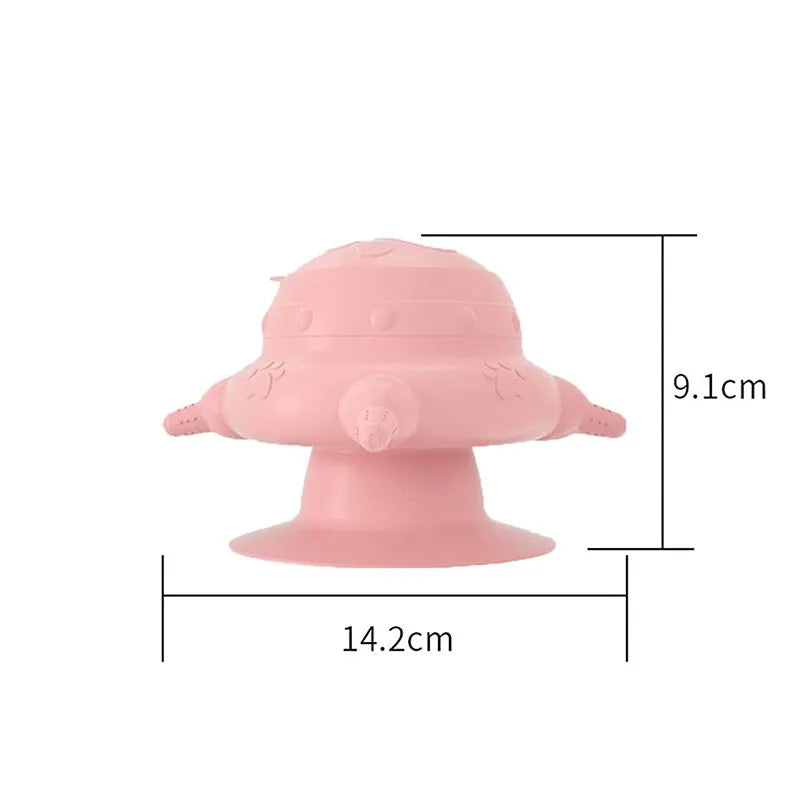 Pink silicone pet nursing bottle with breast-shaped milk bowl and four pacifiers for puppy and kitten feeding