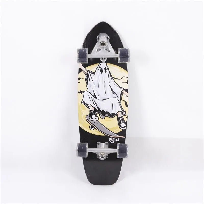 White wooden longboard skateboard with a 31-inch maple deck for street cruising.