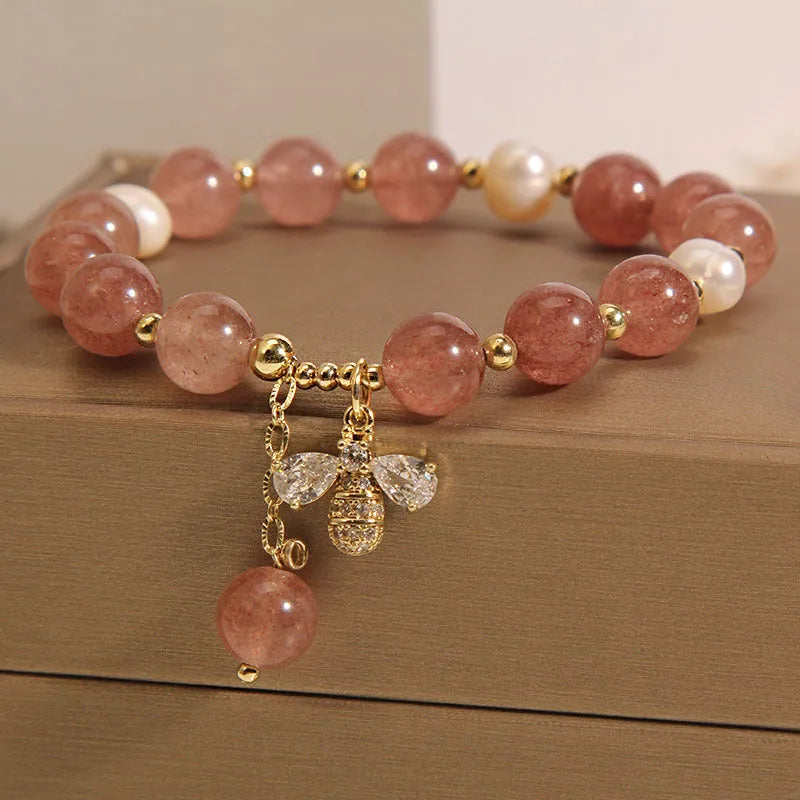 Women's strawberry quartz and freshwater pearl bracelet with zircon accents and alloy clasp