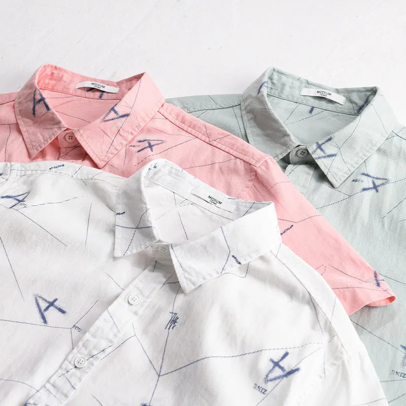 Letter printed short sleeve shirt in pure cotton, loose cardigan style, white light pink or light green