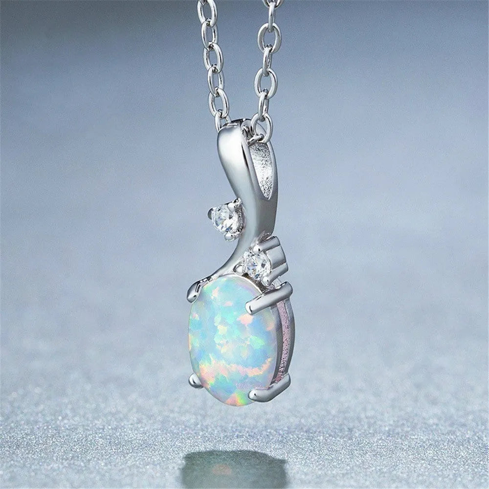 Opal water drop pendant necklace with adjustable chain in rose gold or white finish