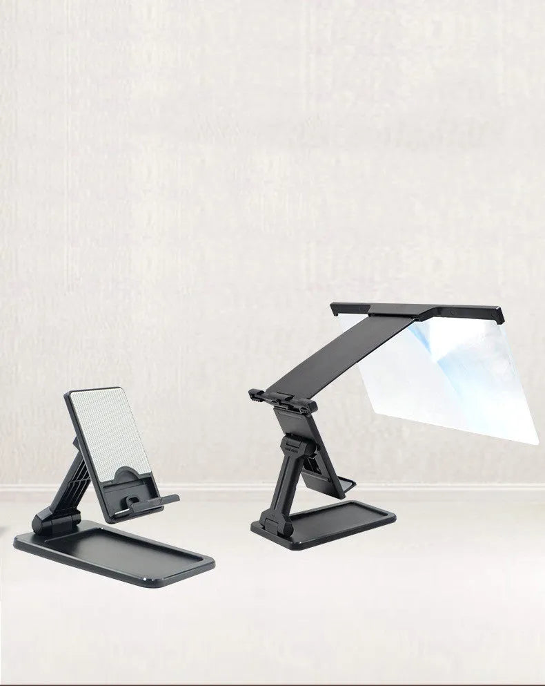 Black 12-inch curved mobile phone screen amplifier with detachable holder, shown folded and unfolded.