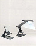Black 12-inch curved mobile phone screen amplifier with detachable holder, shown folded and unfolded.