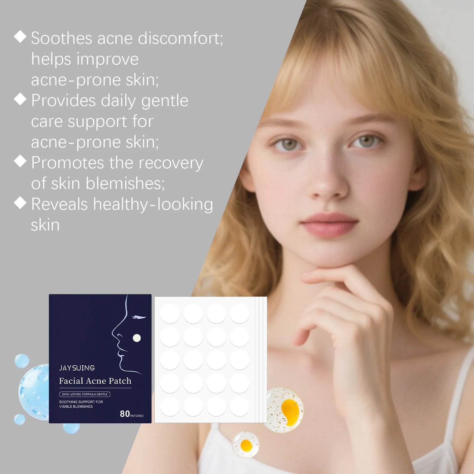80-count pack of gentle daily cleaning facial acne patches with hydrocolloid material