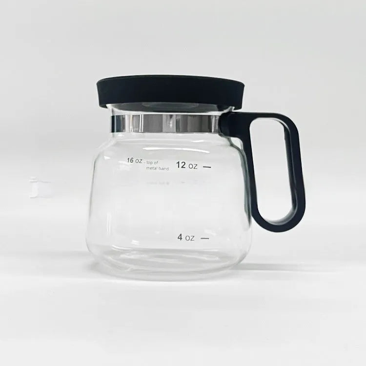 Transparent borosilicate glass coffee maker with silicone cover showing 355-473ml capacity markings