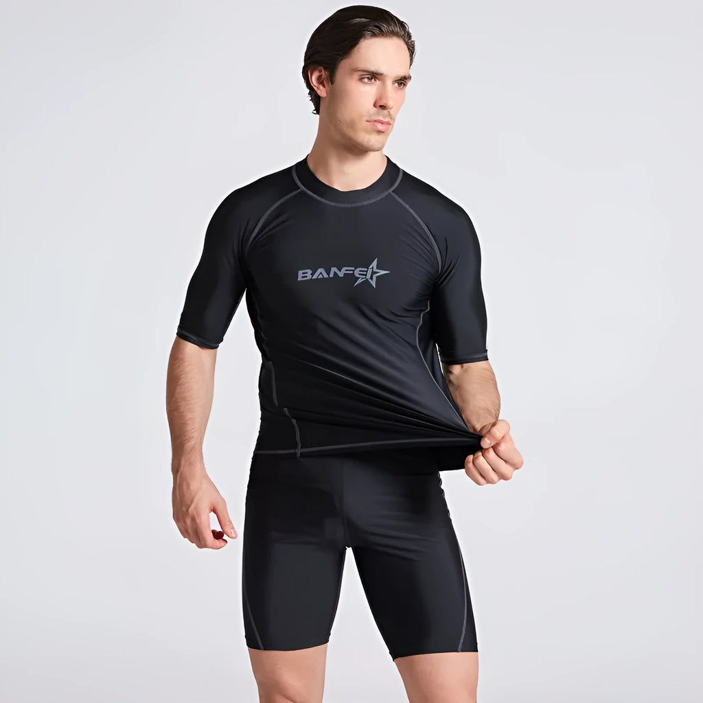 Men's quick-drying half sleeve swimsuit set in nylon fabric with matching swim pants