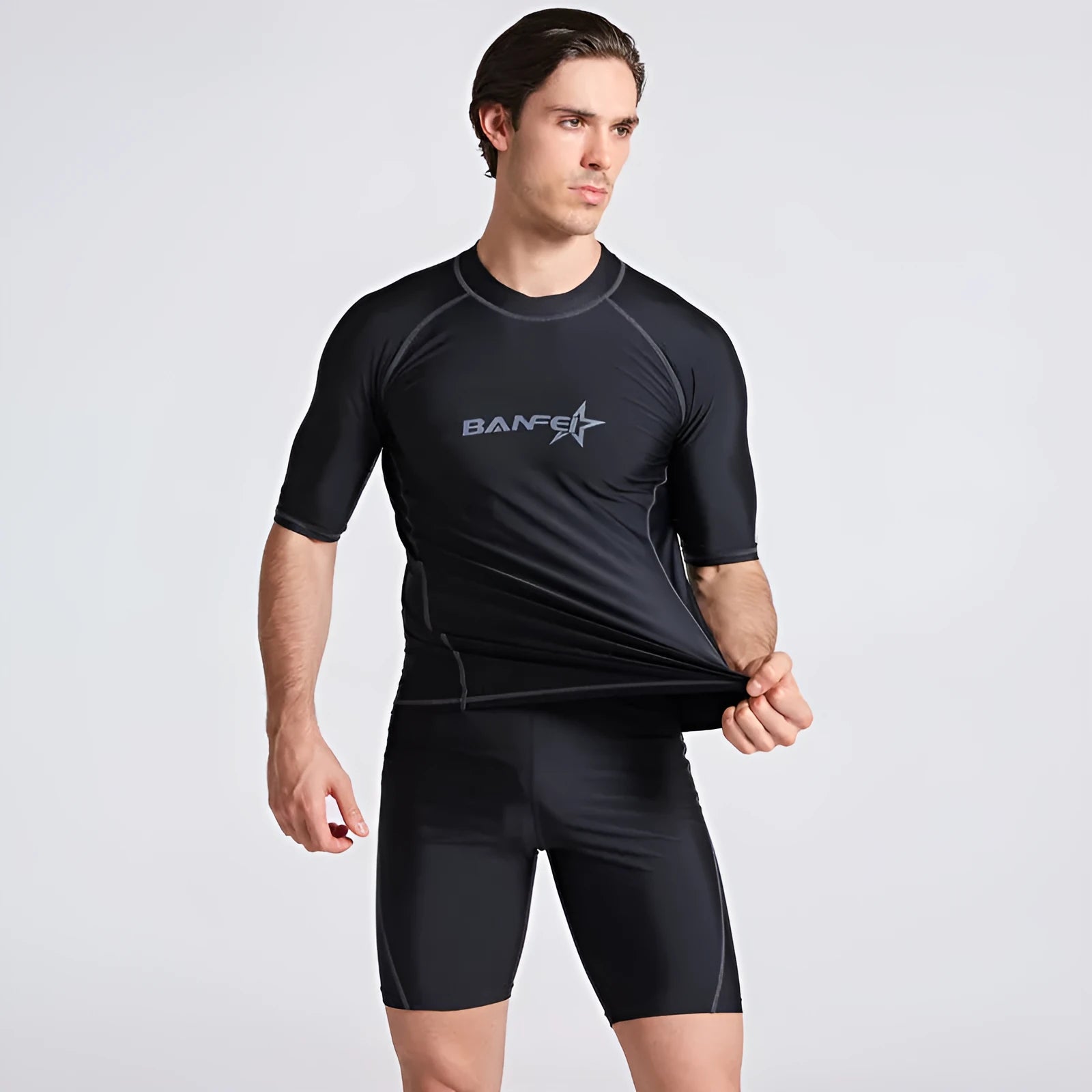 Men's quick-drying half sleeve swimsuit set in nylon fabric with matching swim pants