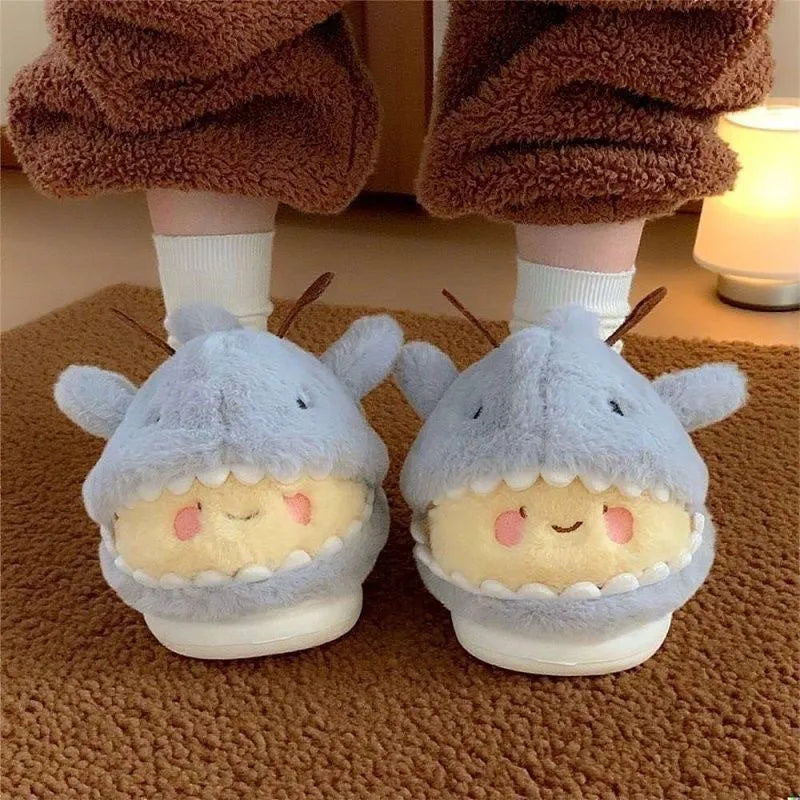 Yellow gray shark and bee cotton slippers for men and women with artificial plush upper, EVA sole, and bag heel for winter home use